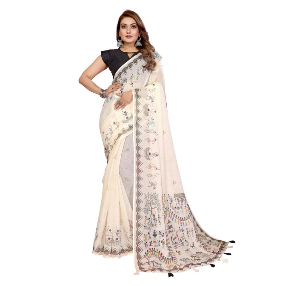 Generic Women's Linen Cotton Printed Saree With Unstitched Blouse 5.5Mtr (Off White) - Image 2