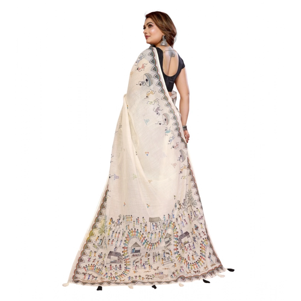 Generic Women's Linen Cotton Printed Saree With Unstitched Blouse 5.5Mtr (Off White) - Image 3