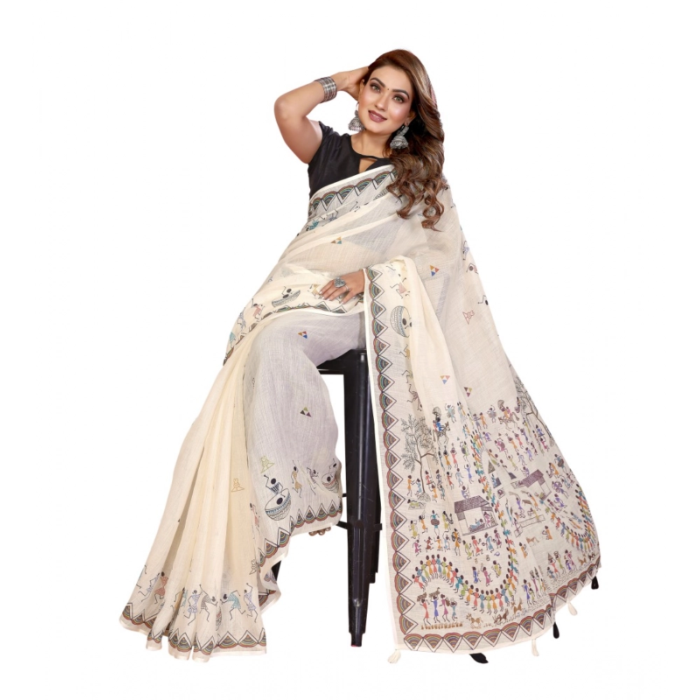 Generic Women's Linen Cotton Printed Saree With Unstitched Blouse 5.5Mtr (Off White) - Image 4