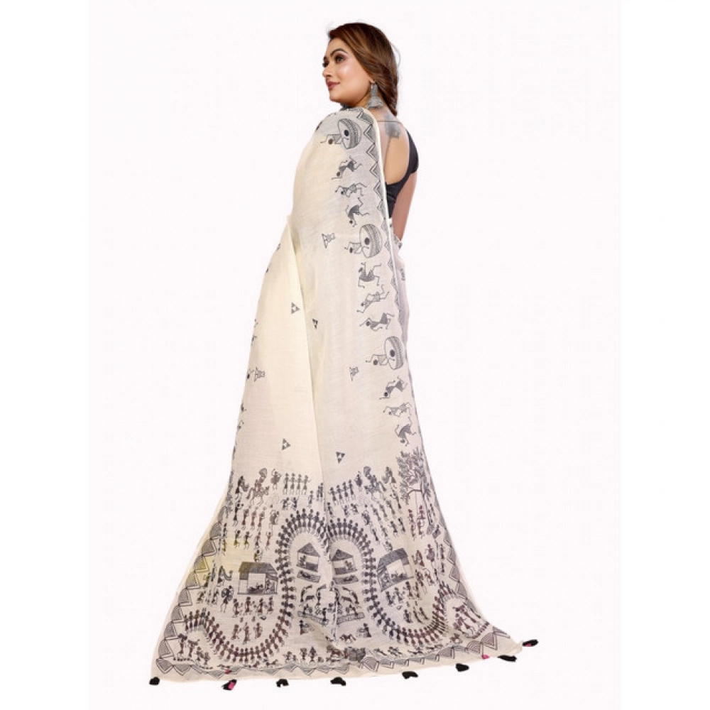 Generic Women's Linen Cotton Printed Saree With Unstitched Blouse 5.5Mtr (Off White) - Image 3