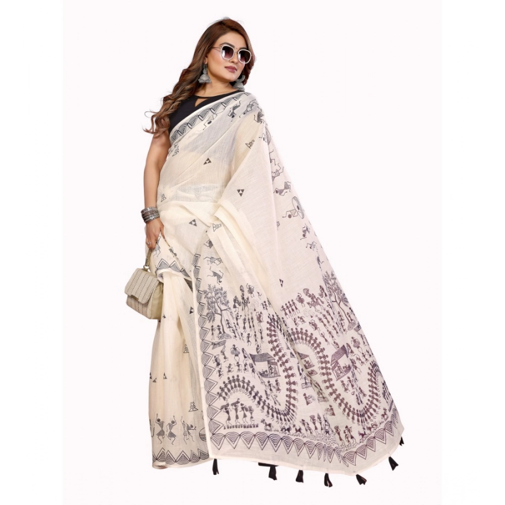 Generic Women's Linen Cotton Printed Saree With Unstitched Blouse 5.5Mtr (Off White) - Image 4