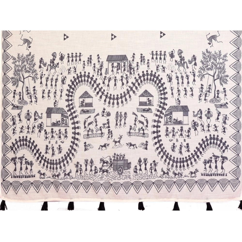 Generic Women's Linen Cotton Printed Saree With Unstitched Blouse 5.5Mtr (Off White) - Image 6