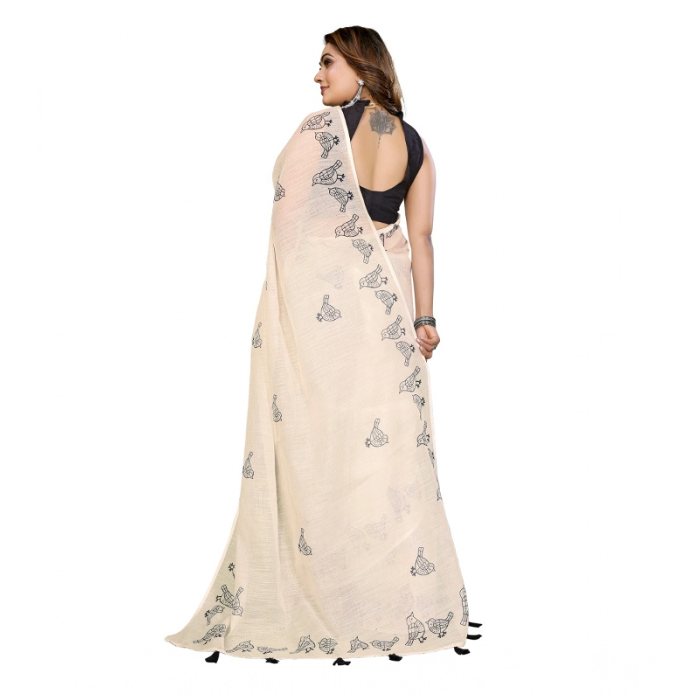 Generic Women's Linen Cotton Printed Saree With Unstitched Blouse 5.5Mtr (Off White) - Image 3