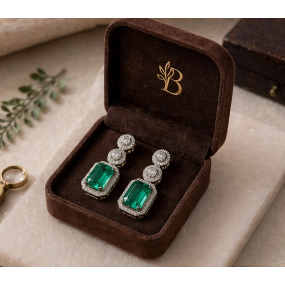 Generic Women's Brass Silver Plated Drop Earrings (Green) - Image 5