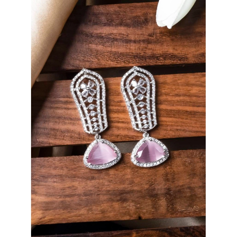 Generic Women's Brass Silver Plated Drop Earrings (Pink) - Image 4