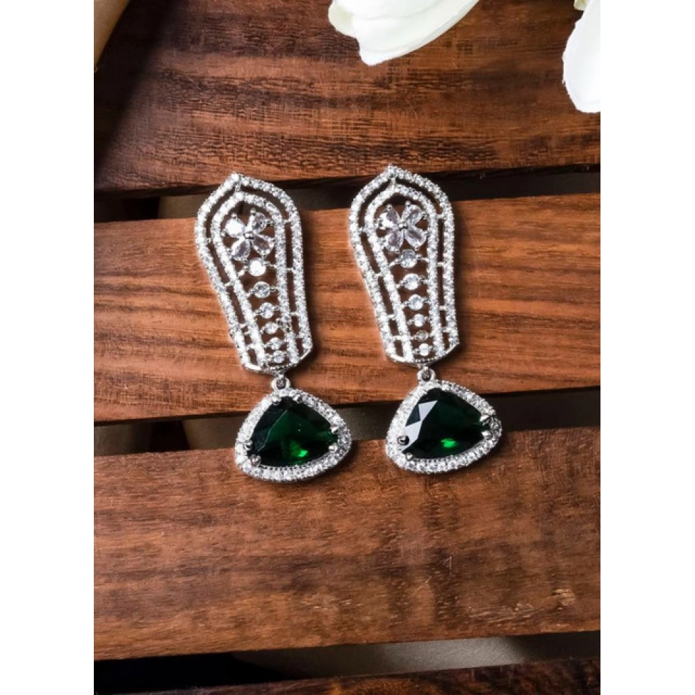 Generic Women's Brass Silver Plated Drop Earrings (Green) - Image 3