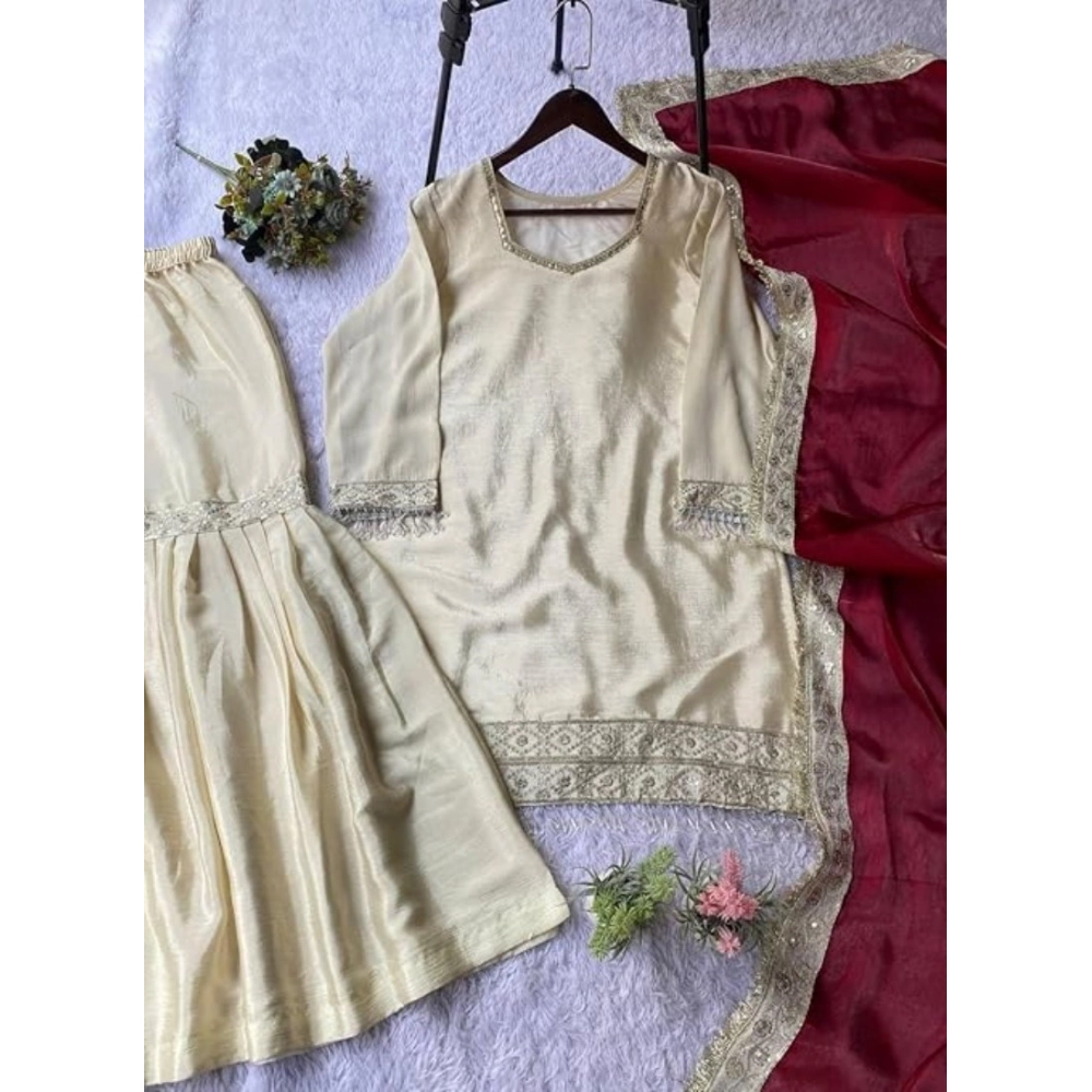 Generic Women's Silk Embroidered 3/4th Sleeve V-Neck Kurti With Sharara Pant and Dupatta Set (Cream & Brown) - Image 5