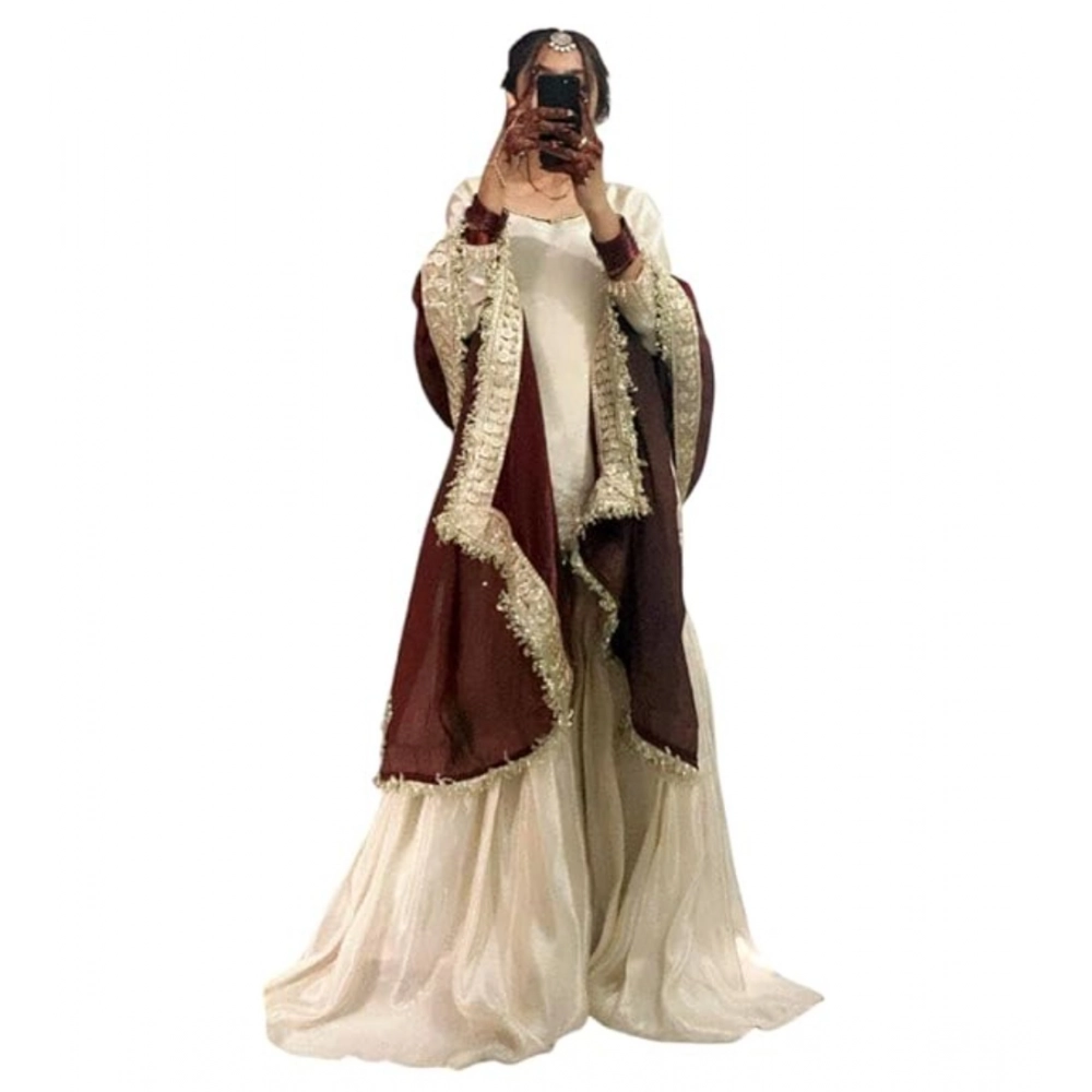 Generic Women's Silk Embroidered 3/4th Sleeve V-Neck Kurti With Sharara Pant and Dupatta Set (Cream & Brown) - Image 2