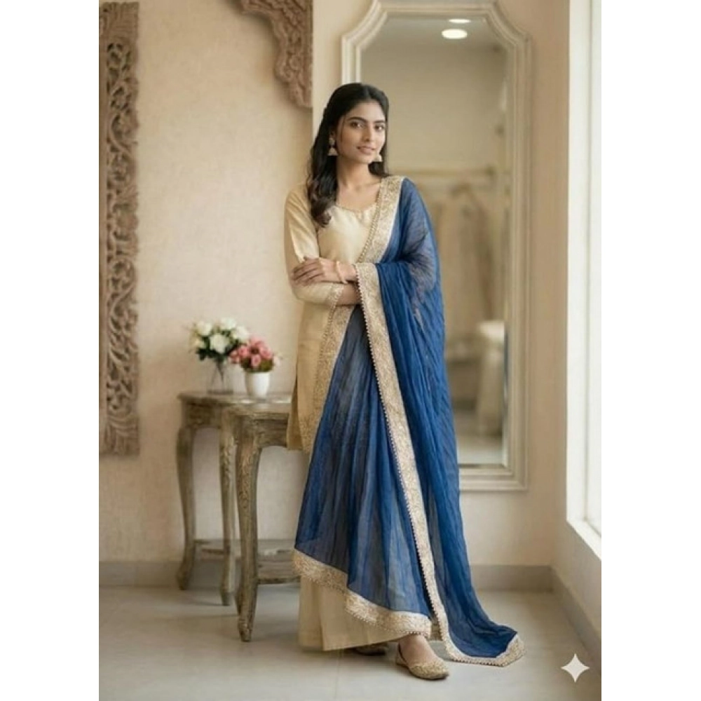 Generic Women's Silk Embroidered 3/4th Sleeve V-Neck Kurti With Sharara Pant and Dupatta Set (Cream & Blue) - Image 3