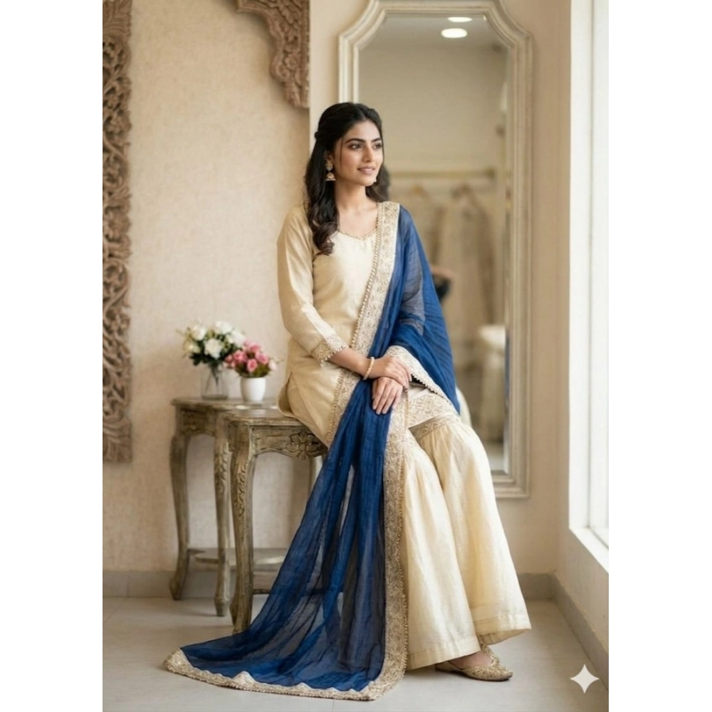Generic Women's Silk Embroidered 3/4th Sleeve V-Neck Kurti With Sharara Pant and Dupatta Set (Cream & Blue) - Image 4