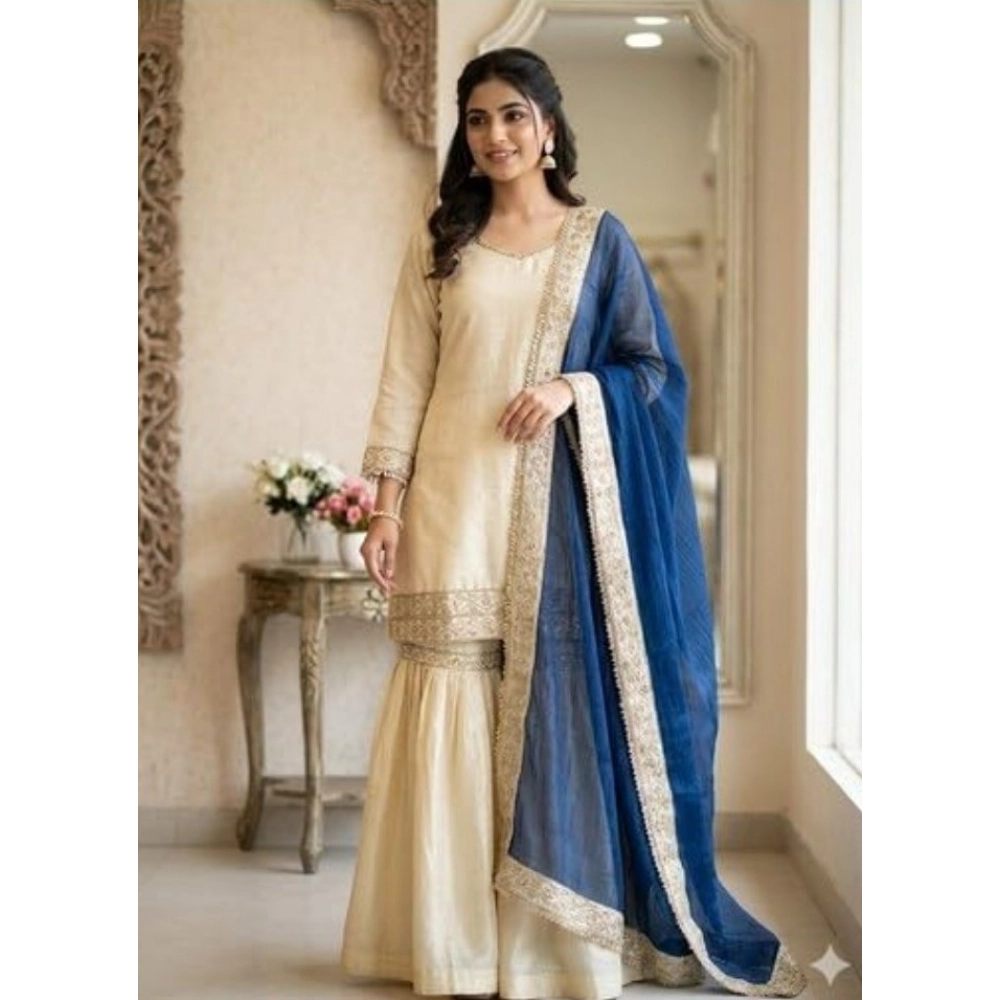 Generic Women's Silk Embroidered 3/4th Sleeve V-Neck Kurti With Sharara Pant and Dupatta Set (Cream & Blue) - Image 5