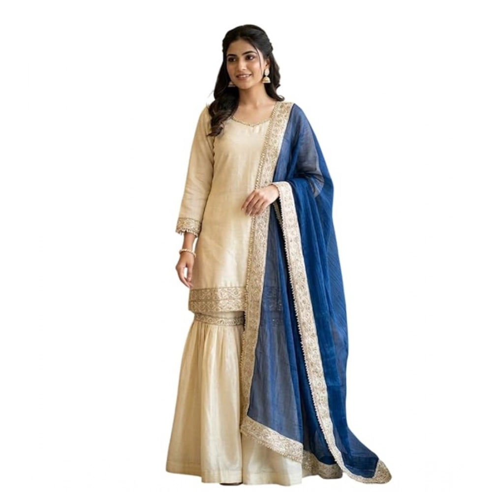 Generic Women's Silk Embroidered 3/4th Sleeve V-Neck Kurti With Sharara Pant and Dupatta Set (Cream & Blue) - Image 2