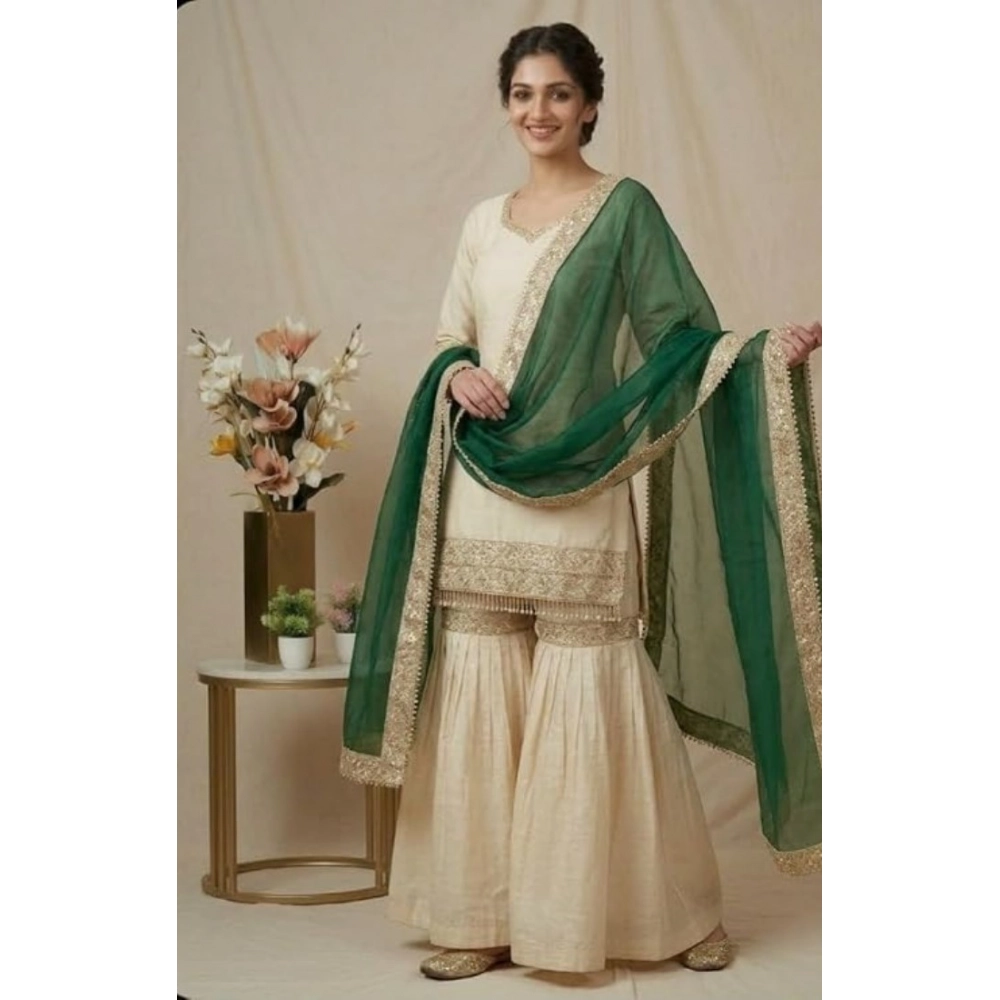 Generic Women's Silk Embroidered 3/4th Sleeve V-Neck Kurti With Sharara Pant and Dupatta Set (Cream & Bottle Green) - Image 3