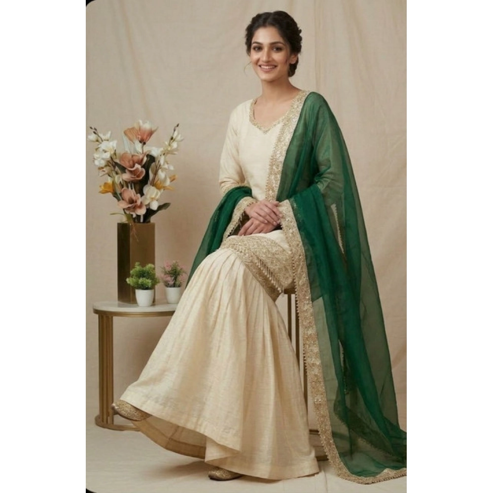 Generic Women's Silk Embroidered 3/4th Sleeve V-Neck Kurti With Sharara Pant and Dupatta Set (Cream & Bottle Green) - Image 4