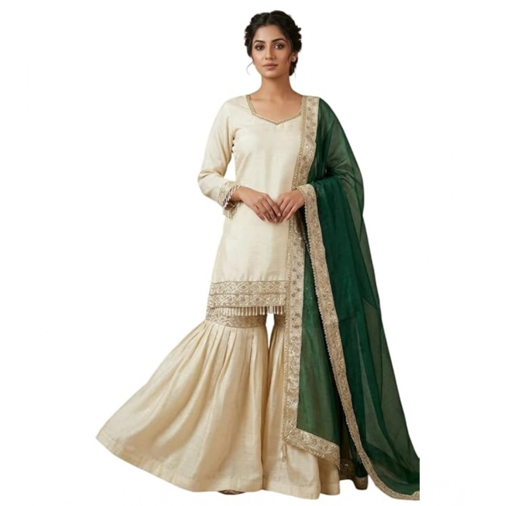 Generic Women's Silk Embroidered 3/4th Sleeve V-Neck Kurti With Sharara Pant and Dupatta Set (Cream & Bottle Green) - Image 2