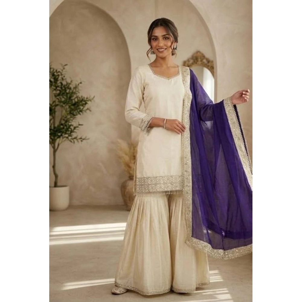 Generic Women's Silk Embroidered 3/4th Sleeve V-Neck Kurti With Sharara Pant and Dupatta Set (Cream & Purple) - Image 3