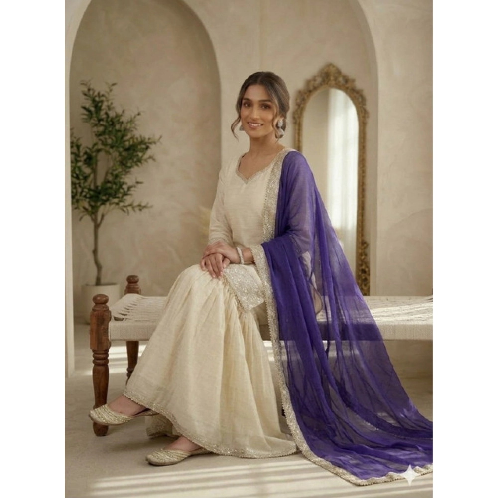 Generic Women's Silk Embroidered 3/4th Sleeve V-Neck Kurti With Sharara Pant and Dupatta Set (Cream & Purple) - Image 4