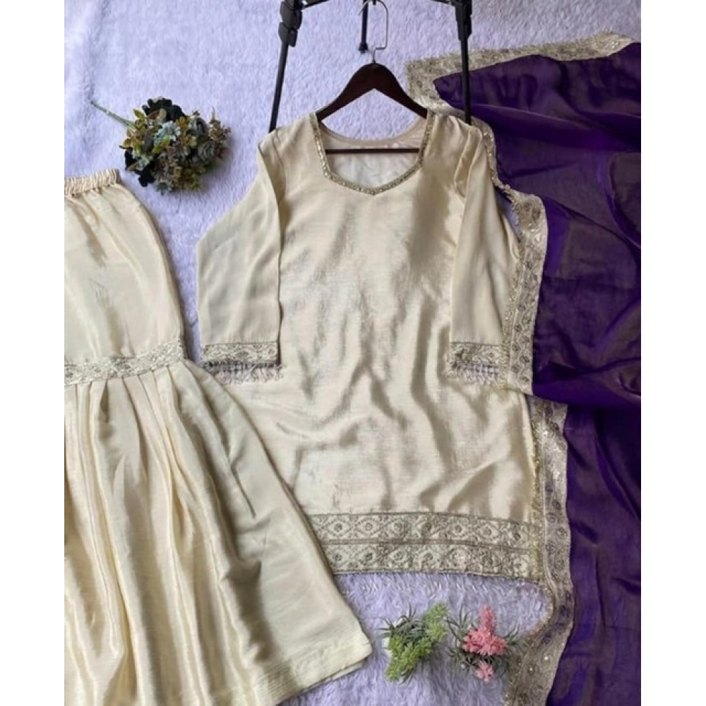 Generic Women's Silk Embroidered 3/4th Sleeve V-Neck Kurti With Sharara Pant and Dupatta Set (Cream & Purple) - Image 5