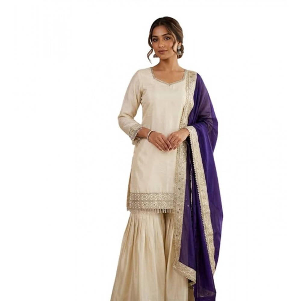 Generic Women's Silk Embroidered 3/4th Sleeve V-Neck Kurti With Sharara Pant and Dupatta Set (Cream & Purple) - Image 2