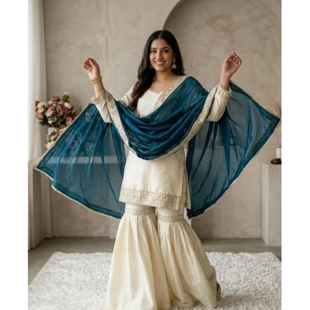 Generic Women's Silk Embroidered 3/4th Sleeve V-Neck Kurti With Sharara Pant and Dupatta Set (Cream & Teal) - Image 3