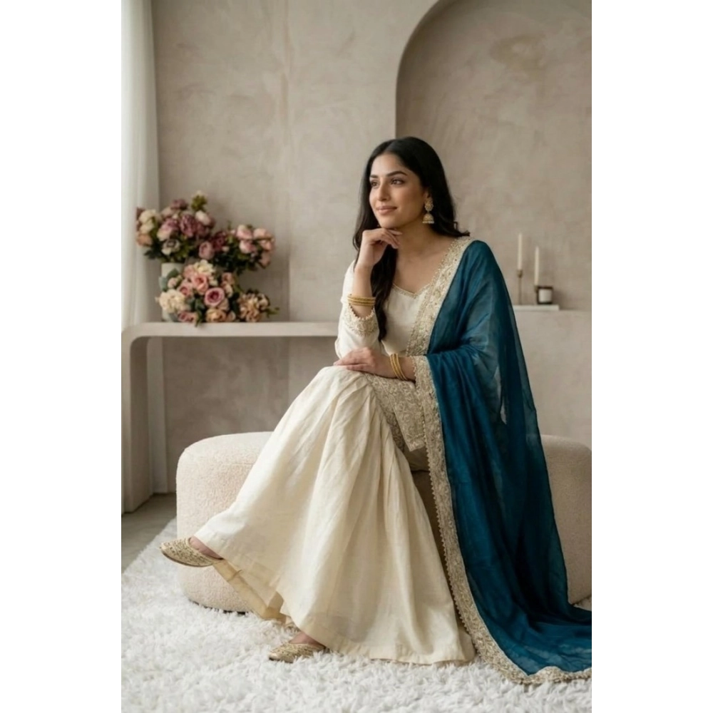 Generic Women's Silk Embroidered 3/4th Sleeve V-Neck Kurti With Sharara Pant and Dupatta Set (Cream & Teal) - Image 4