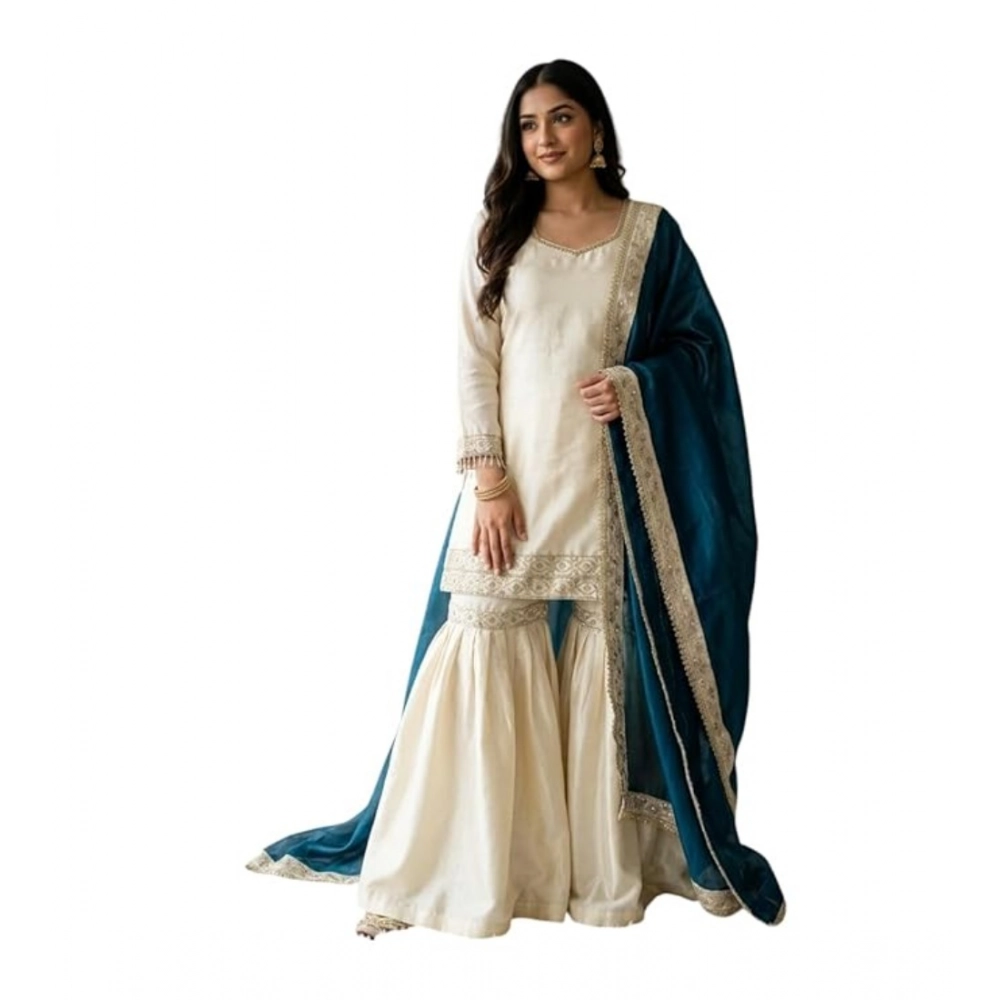 Generic Women's Silk Embroidered 3/4th Sleeve V-Neck Kurti With Sharara Pant and Dupatta Set (Cream & Teal) - Image 2