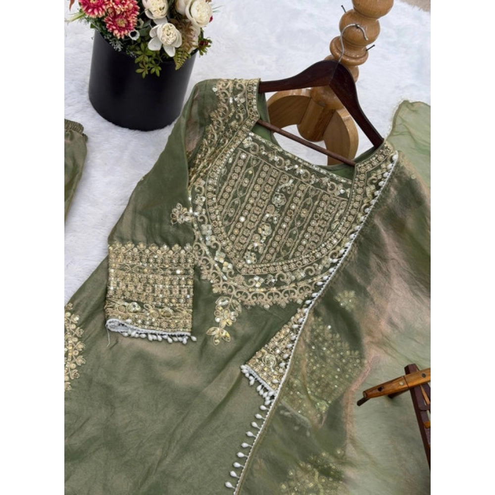 Generic Women's Silk Embroidered 3/4th Sleeve Round Kurti With Sharara Pant and Dupatta Set (Green) - Image 4