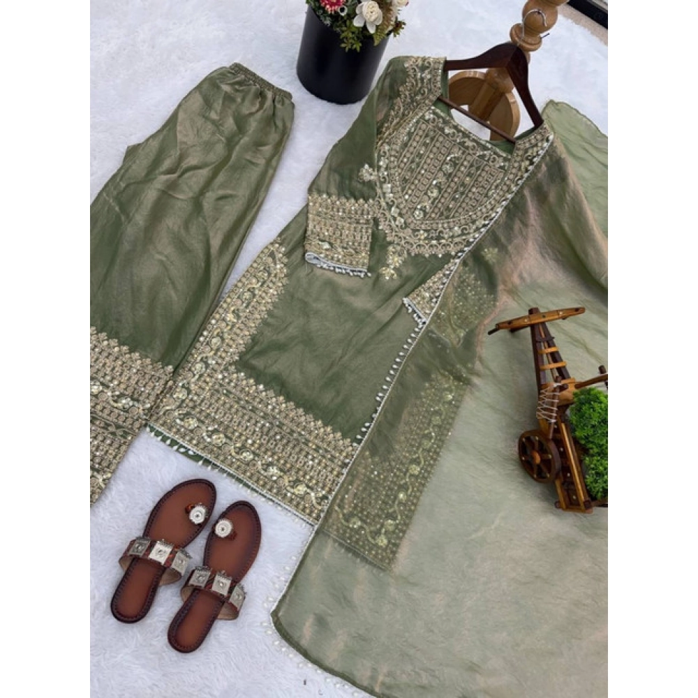 Generic Women's Silk Embroidered 3/4th Sleeve Round Kurti With Sharara Pant and Dupatta Set (Green) - Image 5