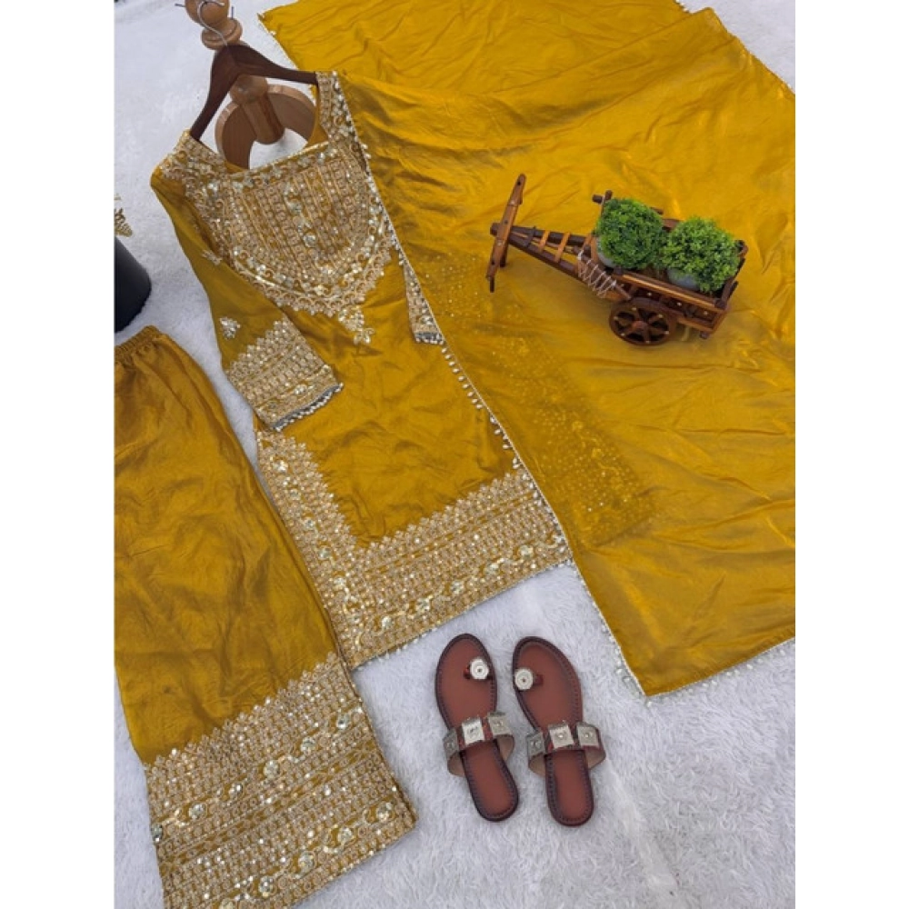 Generic Women's Silk Embroidered 3/4th Sleeve Round Kurti With Sharara Pant and Dupatta Set (Yellow) - Image 5