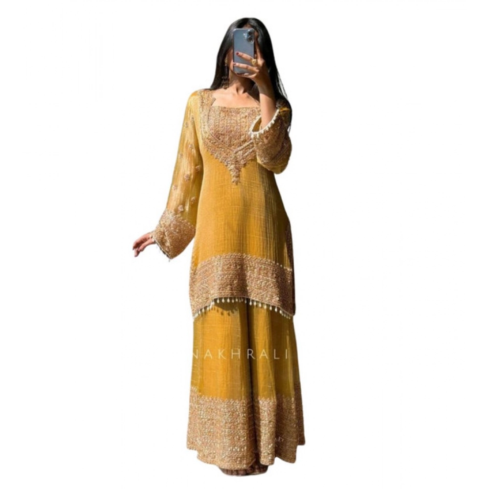 Generic Women's Silk Embroidered 3/4th Sleeve Round Kurti With Sharara Pant and Dupatta Set (Yellow) - Image 2