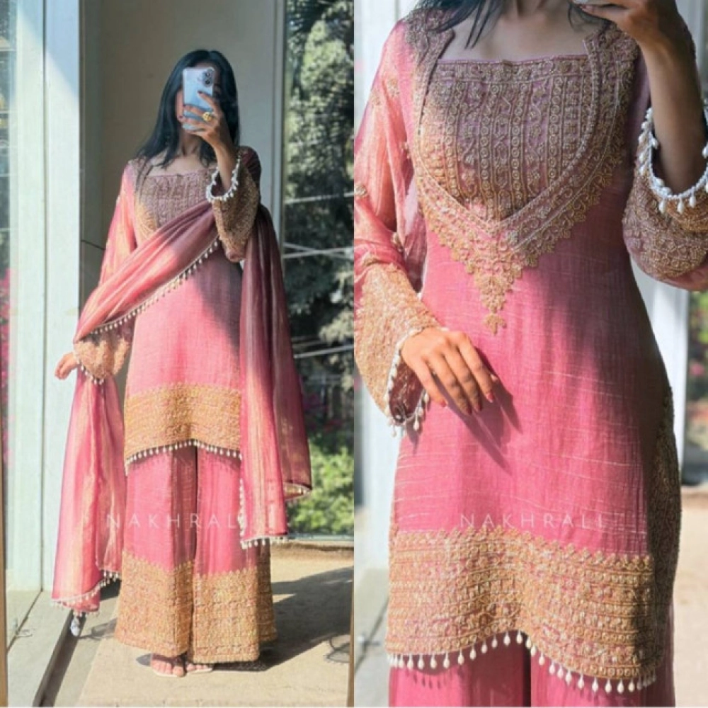 Generic Women's Silk Embroidered 3/4th Sleeve Round Kurti With Sharara Pant and Dupatta Set (Pink) - Image 3
