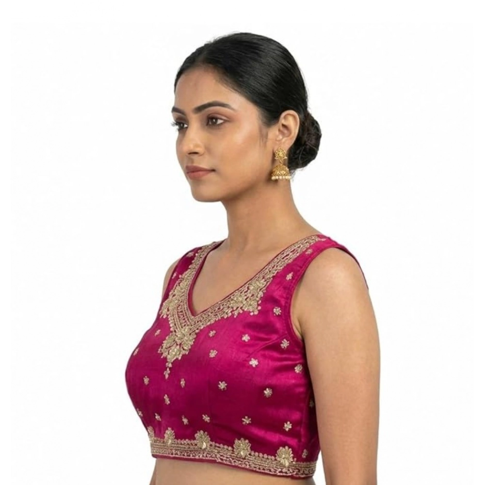 Generic Women's Silk Embroidered V-Neck Sleeveless Readymade Padded Blouse (Pink, Size 38) - Image 5