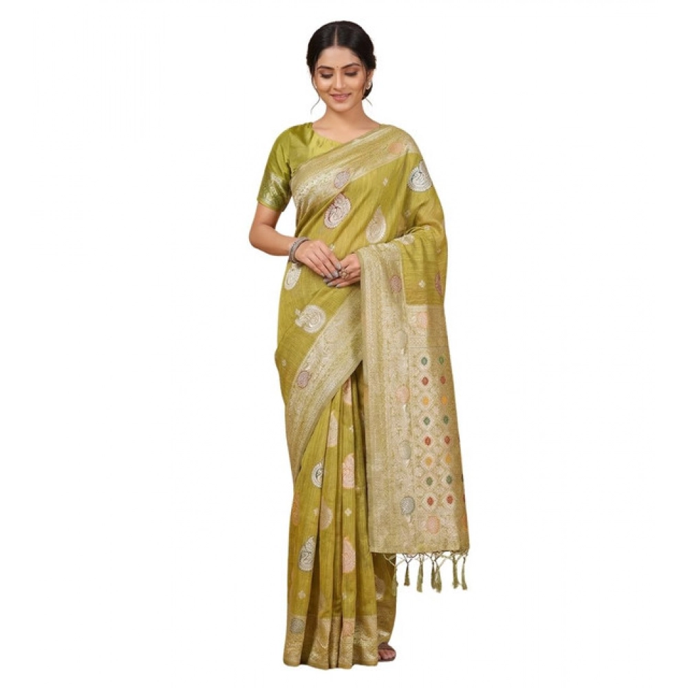 Generic Women's Linen Cotton Printed Saree With Unstitched Blouse 5.5Mtr (Mustard) - Image 2