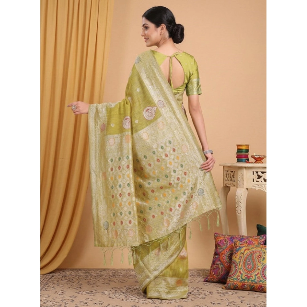 Generic Women's Linen Cotton Printed Saree With Unstitched Blouse 5.5Mtr (Mustard) - Image 3