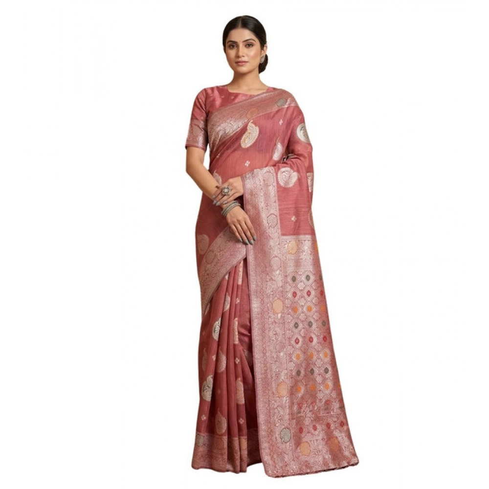Generic Women's Linen Cotton Printed Saree With Unstitched Blouse 5.5Mtr (Pink) - Image 2