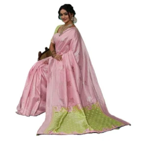 Generic Women's Linen Cotton Printed Saree With Unstitched Blouse 5.5Mtr (Pink)