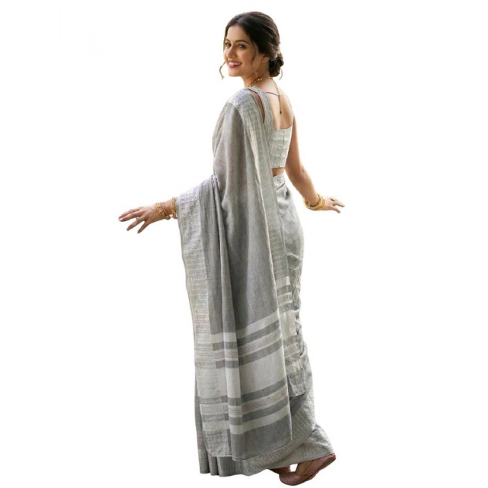Generic Women's Linen Striped Saree With Unstitched Blouse 5.5Mtr (Gray) - Image 2