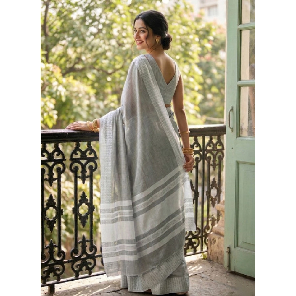 Generic Women's Linen Striped Saree With Unstitched Blouse 5.5Mtr (Gray) - Image 3