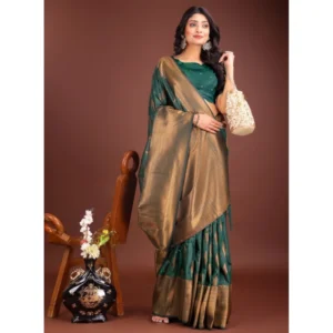 Generic Women's Banarasi Silk Printed Saree With Unstitched Blouse 5.5Mtr (Green)
