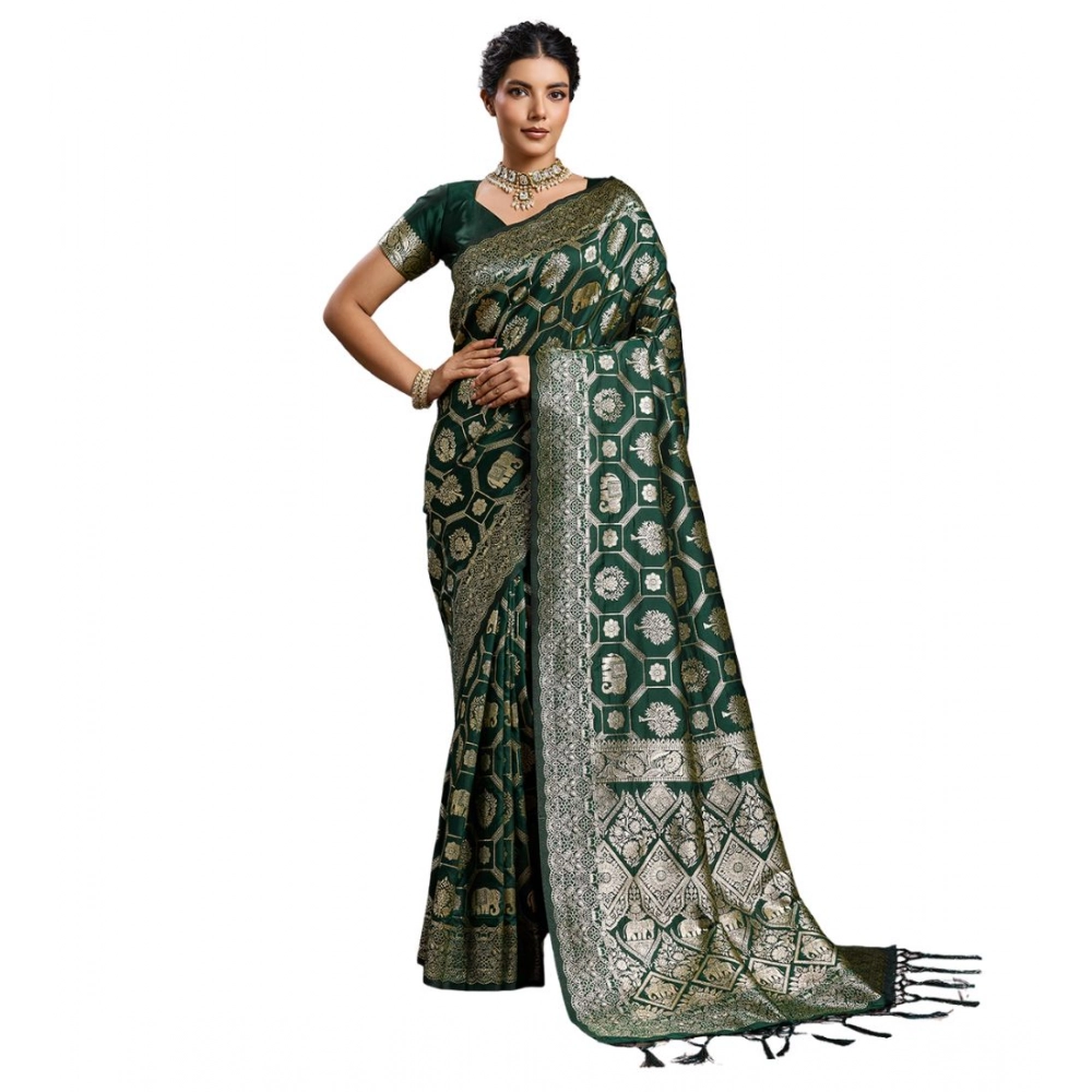Generic Women's Silk Blend Printed Saree With Unstitched Blouse 5.5Mtr (Bottel Green) - Image 2