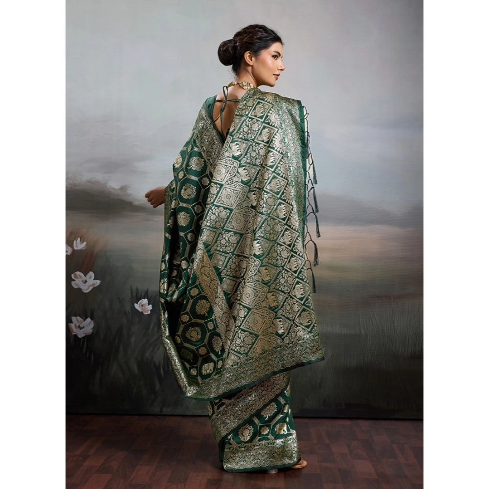 Generic Women's Silk Blend Printed Saree With Unstitched Blouse 5.5Mtr (Bottel Green) - Image 3