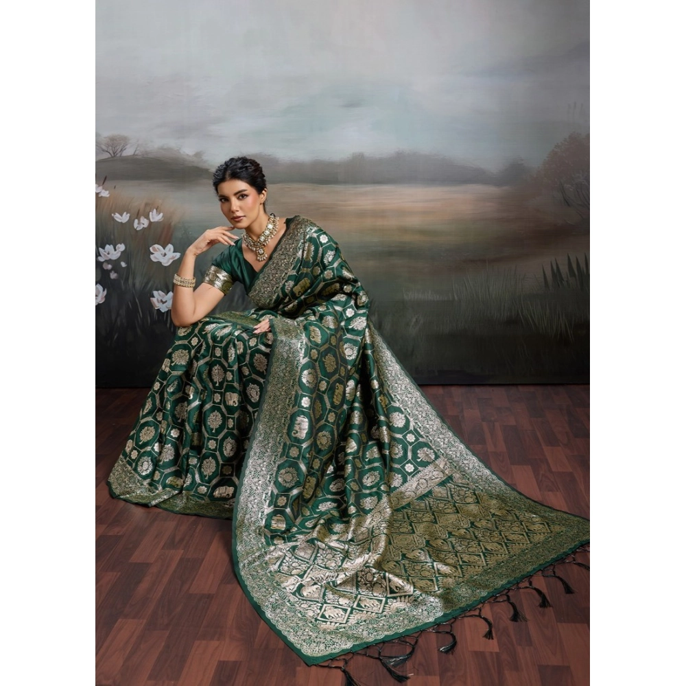 Generic Women's Silk Blend Printed Saree With Unstitched Blouse 5.5Mtr (Bottel Green) - Image 4