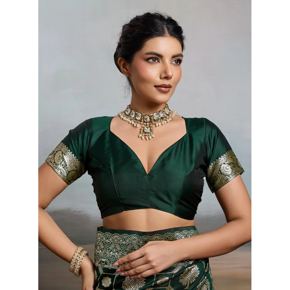 Generic Women's Silk Blend Printed Saree With Unstitched Blouse 5.5Mtr (Bottel Green) - Image 5