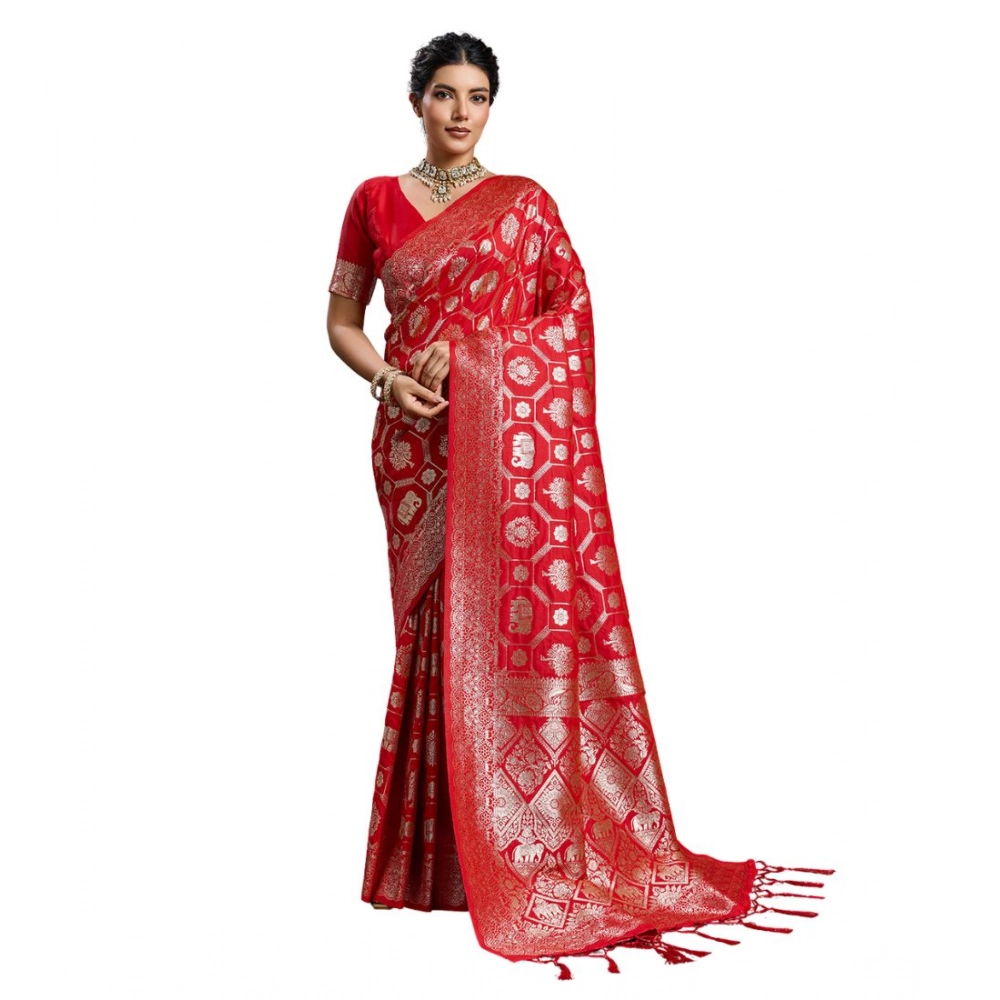 Generic Women's Silk Blend Printed Saree With Unstitched Blouse 5.5Mtr (Red) - Image 2