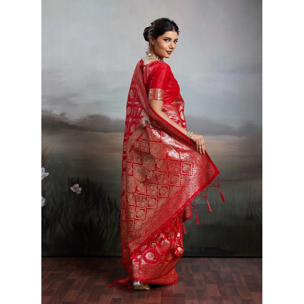 Generic Women's Silk Blend Printed Saree With Unstitched Blouse 5.5Mtr (Red) - Image 3