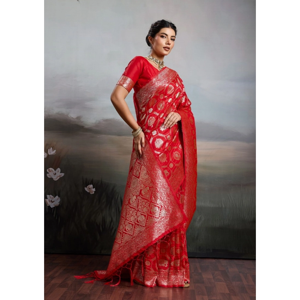 Generic Women's Silk Blend Printed Saree With Unstitched Blouse 5.5Mtr (Red) - Image 5