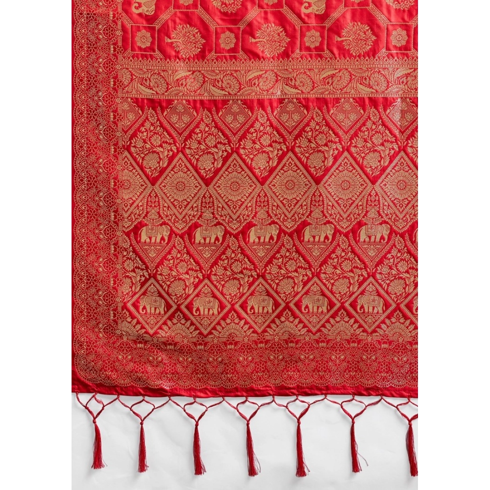 Generic Women's Silk Blend Printed Saree With Unstitched Blouse 5.5Mtr (Red) - Image 6