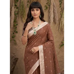 Generic Women's Linen Cotton Printed Saree With Unstitched Blouse 5.5Mtr (Brown)