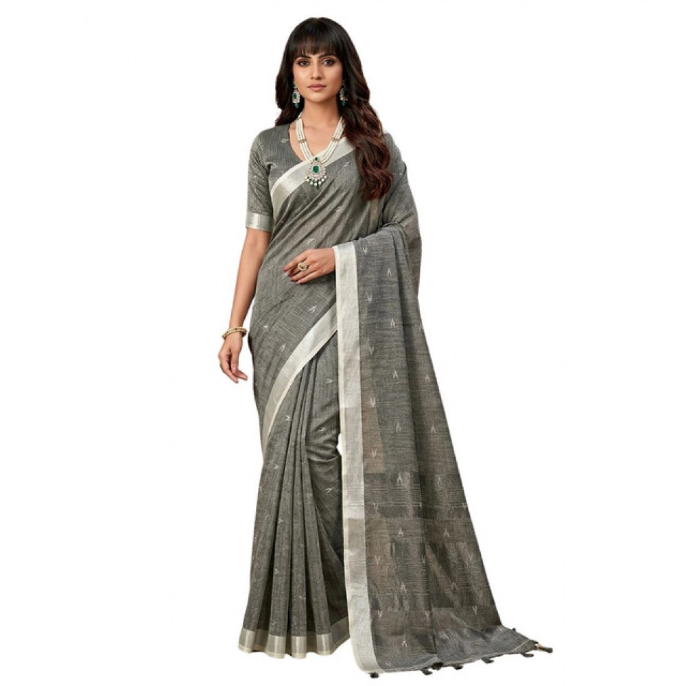 Generic Women's Linen Cotton Printed Saree With Unstitched Blouse 5.5Mtr (Gray) - Image 2