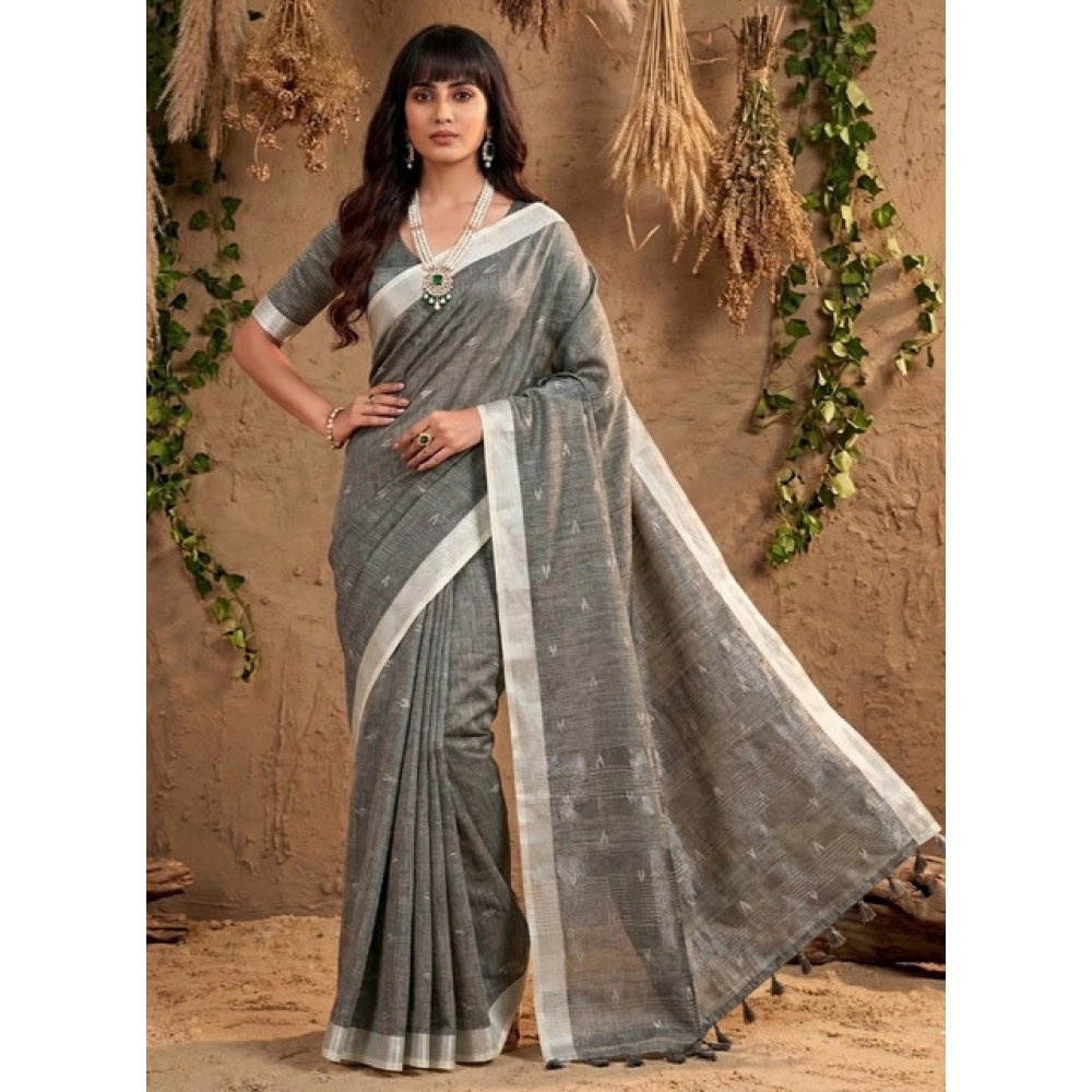 Generic Women's Linen Cotton Printed Saree With Unstitched Blouse 5.5Mtr (Gray) - Image 4